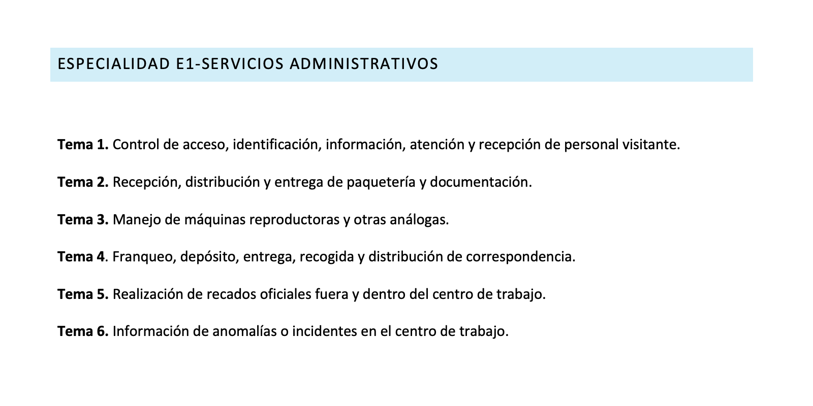 Listado de temas del temario E1 Servicios Administrativos
