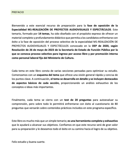 Prefacio del temario Especialidad M1 REALIZACIÓN DE PROYECTOS AUDIOVISUALES Y ESPECTÁCULOS