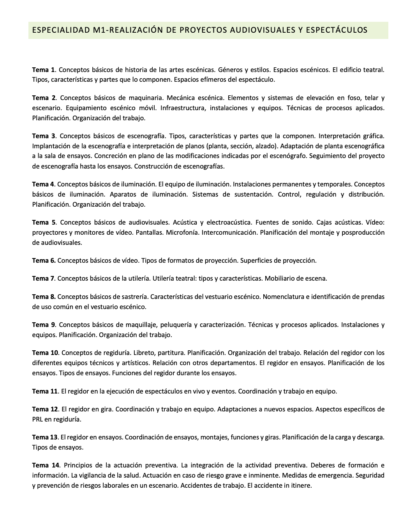 Programa de la Especialidad M1 REALIZACIÓN DE PROYECTOS AUDIOVISUALES Y ESPECTÁCULOS