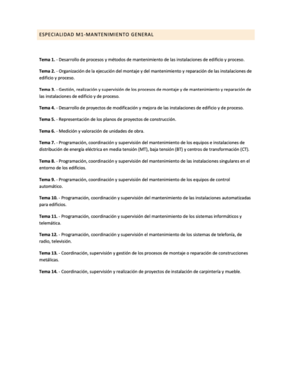 Programa del TEST DE REFUERZO de la Especialidad M1 MANTENIMIENTO GENERAL