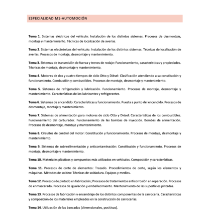Listado de temas del programa de la Especialidad M1-AUTOMOCIÓN