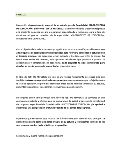 Prefacio del TEST DE REFUERZO Especialidad M1 PROYECTOS DE EDIFICACIÓN