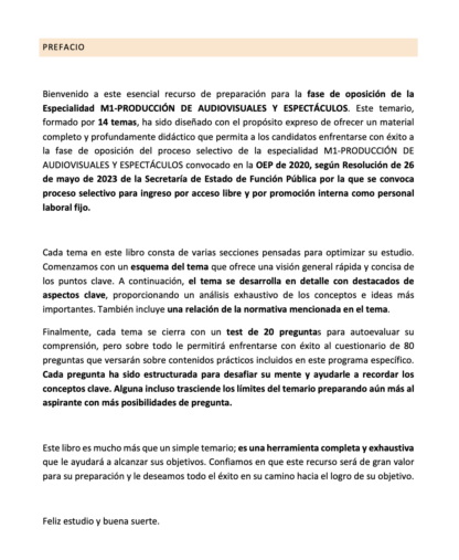 Prefacio del temario Especialidad M1 PRODUCCIÓN DE AUDIOVISUALES Y ESPECTÁCULOS