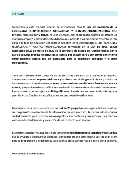 Prefacio del temario Especialidad E1 INSTALACIONES HIDRÁULICAS Y PLANTAS POTABILIZADORAS