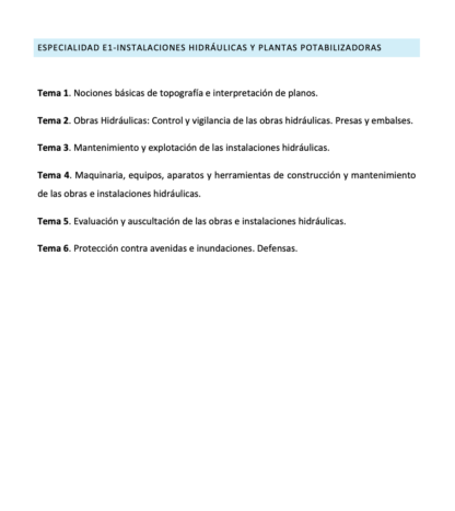 Programa de la Especialidad E1 INSTALACIONES HIDRÁULICAS Y PLANTAS POTABILIZADORAS