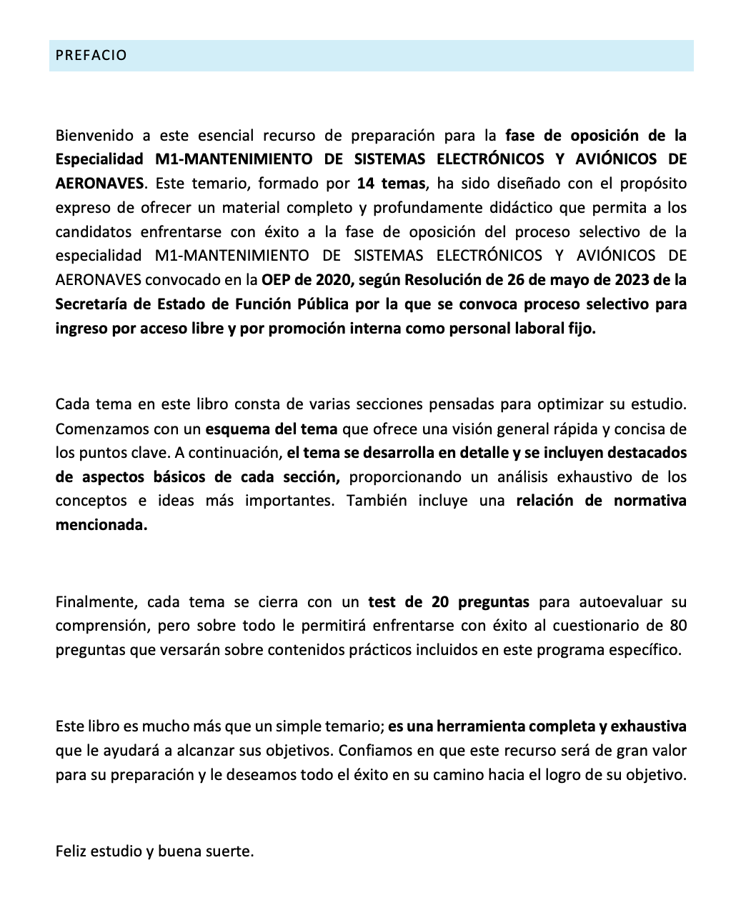 Prefacio del temario Especialidad M1 MANTENIMIENTO DE SISTEMAS ELECTRÓNICOS Y AVIÓNICOS DE AERONAVES