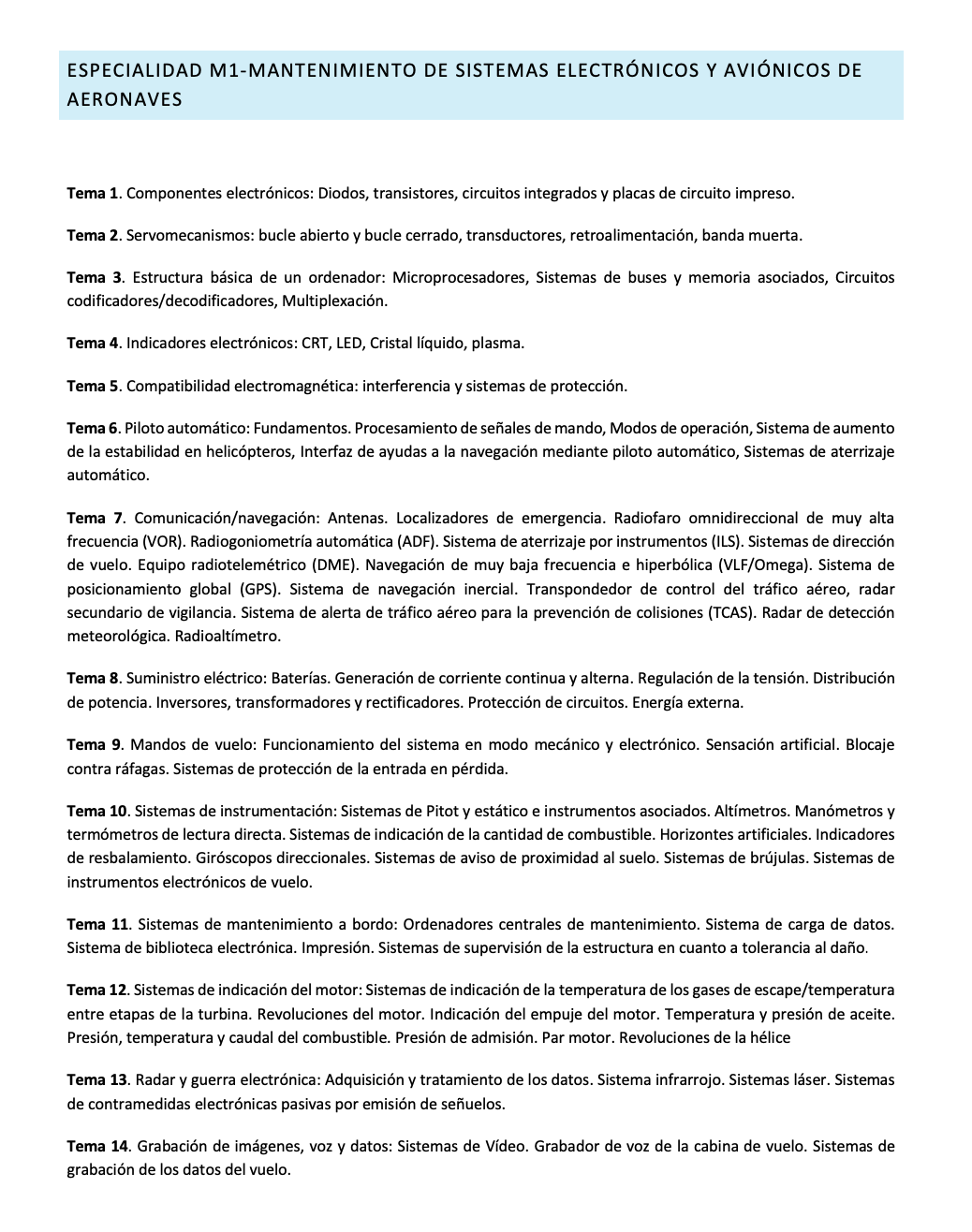 Programa de la Especialidad M1 MANTENIMIENTO DE SISTEMAS ELECTRÓNICOS Y AVIÓNICOS DE AERONAVES