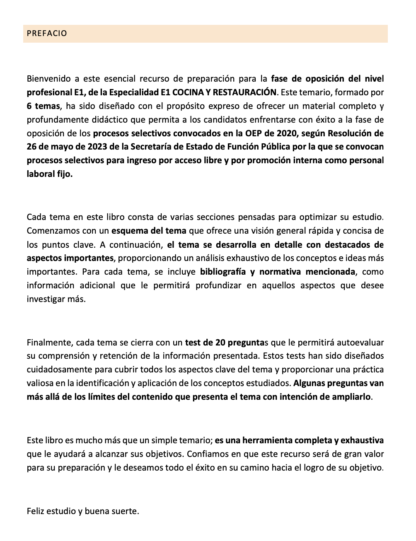 Prefacio del temario Especialidad E1 COCINA Y RESTAURACIÓN
