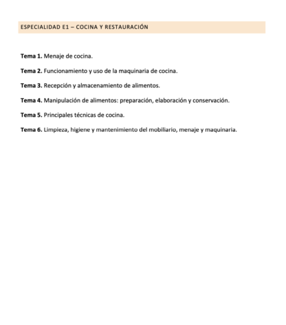 Programa de la Especialidad E1 COCINA Y RESTAURACIÓN