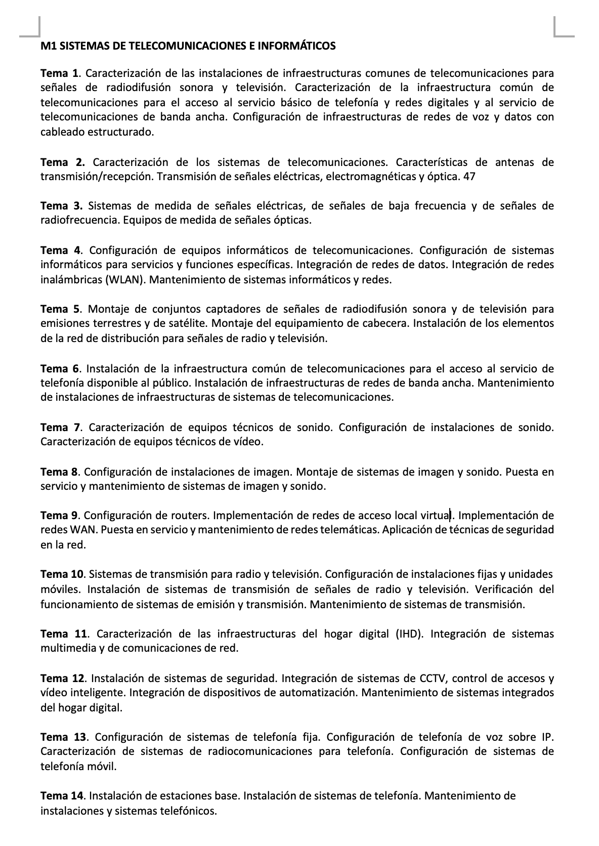 Programa de la Especialidad M1 SISTEMAS DE TELECOMUNICACIONES E INFORMÁTICOS