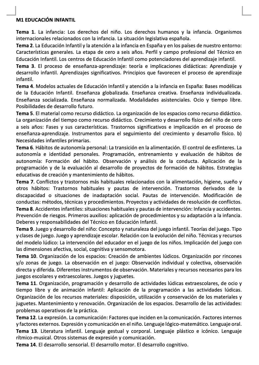 Programa de la Especialidad M1 EDUCACIÓN INFANTIL