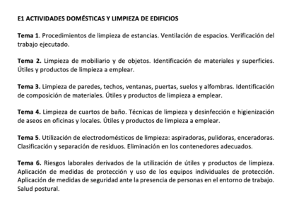 Programa de la Especialidad E1 ACTIVIDADES DOMÉSTICAS Y LIMPIEZA DE EDIFICIOS
