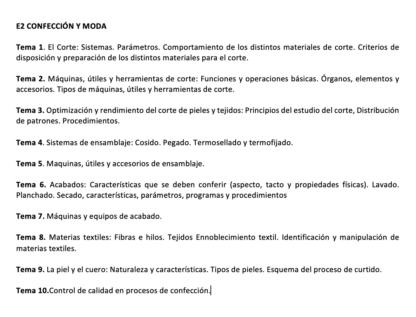 Programa de la Especialidad E2 CONFECCIÓN Y MODA