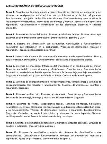 Programa de la Especialidad E2 ELECTROMECÁNICA DE VEHÍCULOS AUTOMÓVILES