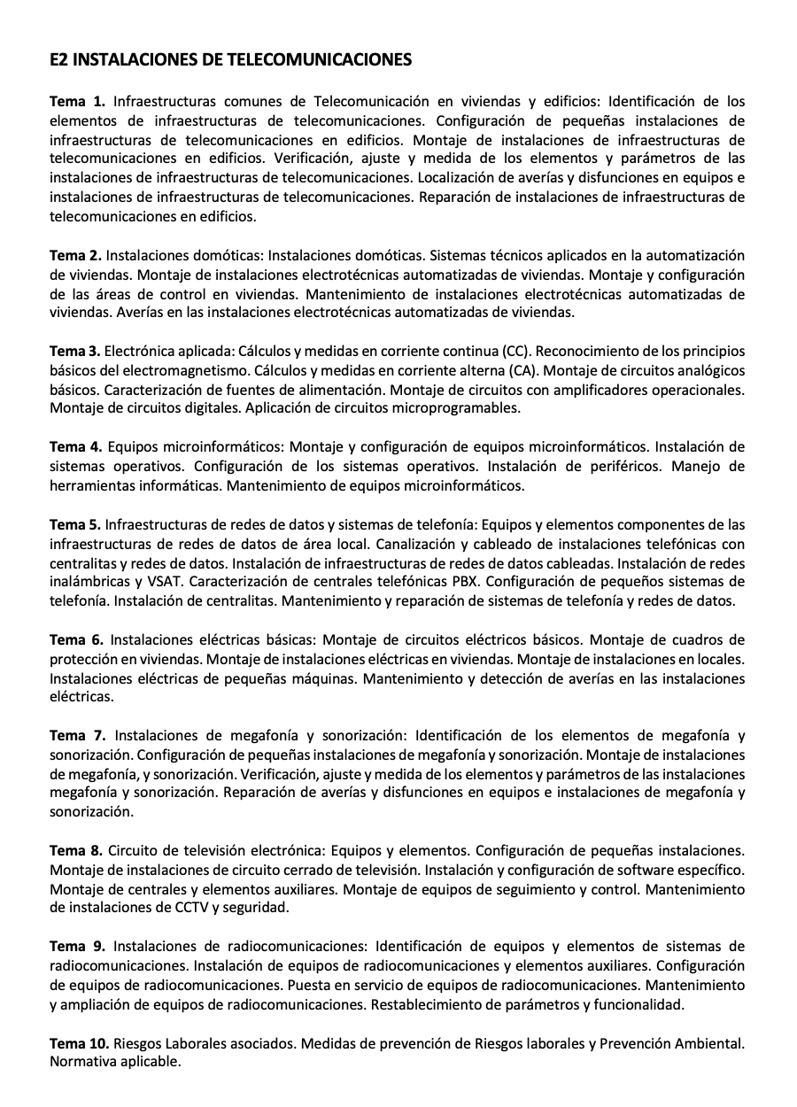 Programa de la Especialidad E2 INSTALACIONES DE TELECOMUNICACIONES
