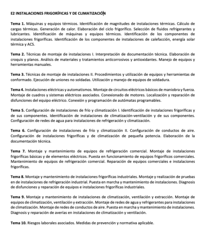 Programa de la Especialidad E2 INSTALACIONES FRIGORÍFICAS Y DE CLIMATIZACIÓN