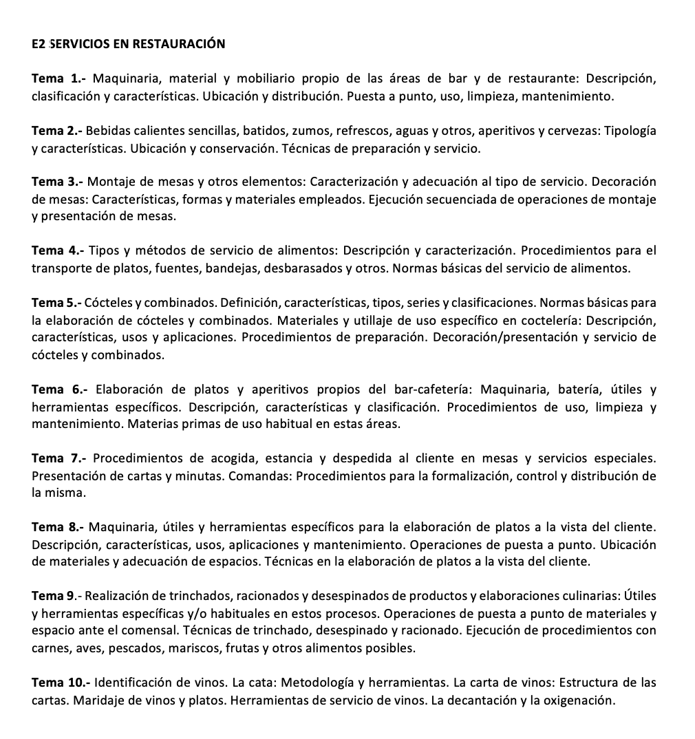 Programa de la Especialidad E2 SERVICIOS EN RESTAURACIÓN