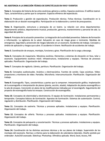 Programa de la Especialidad M1 ASISTENCIA A LA DIRECCIÓN TÉCNICA DE ESPECTÁCULOS EN VIVO Y EVENTOS