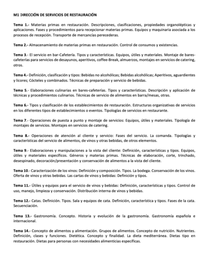 Programa de la Especialidad M1 DIRECCIÓN DE SERVICIOS DE RESTAURACIÓN