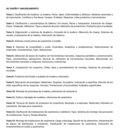 Programa de la Especialidad M1 DISEÑO Y AMUEBLAMIENTO