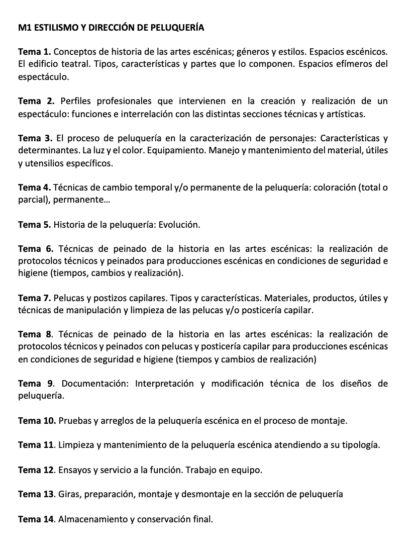 Programa de la Especialidad M1 ESTILISMO Y DIRECCIÓN DE PELUQUERÍA