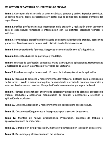 Programa de la Especialidad M1 GESTIÓN DE SASTRERÍA DEL ESPECTÁCULO EN VIVO