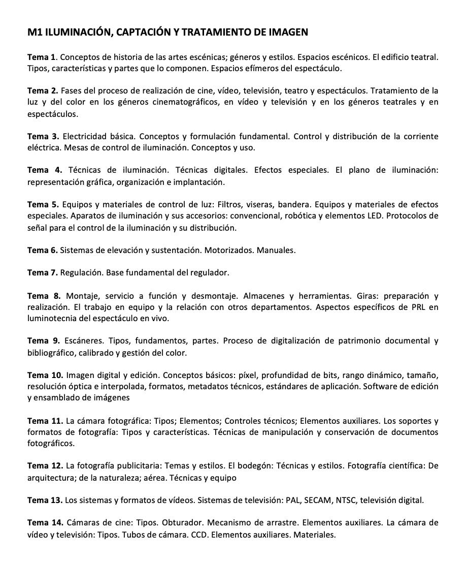Programa de la Especialidad M1 ILUMINACIÓN, CAPTACIÓN Y TRATAMIENTO DE IMAGEN