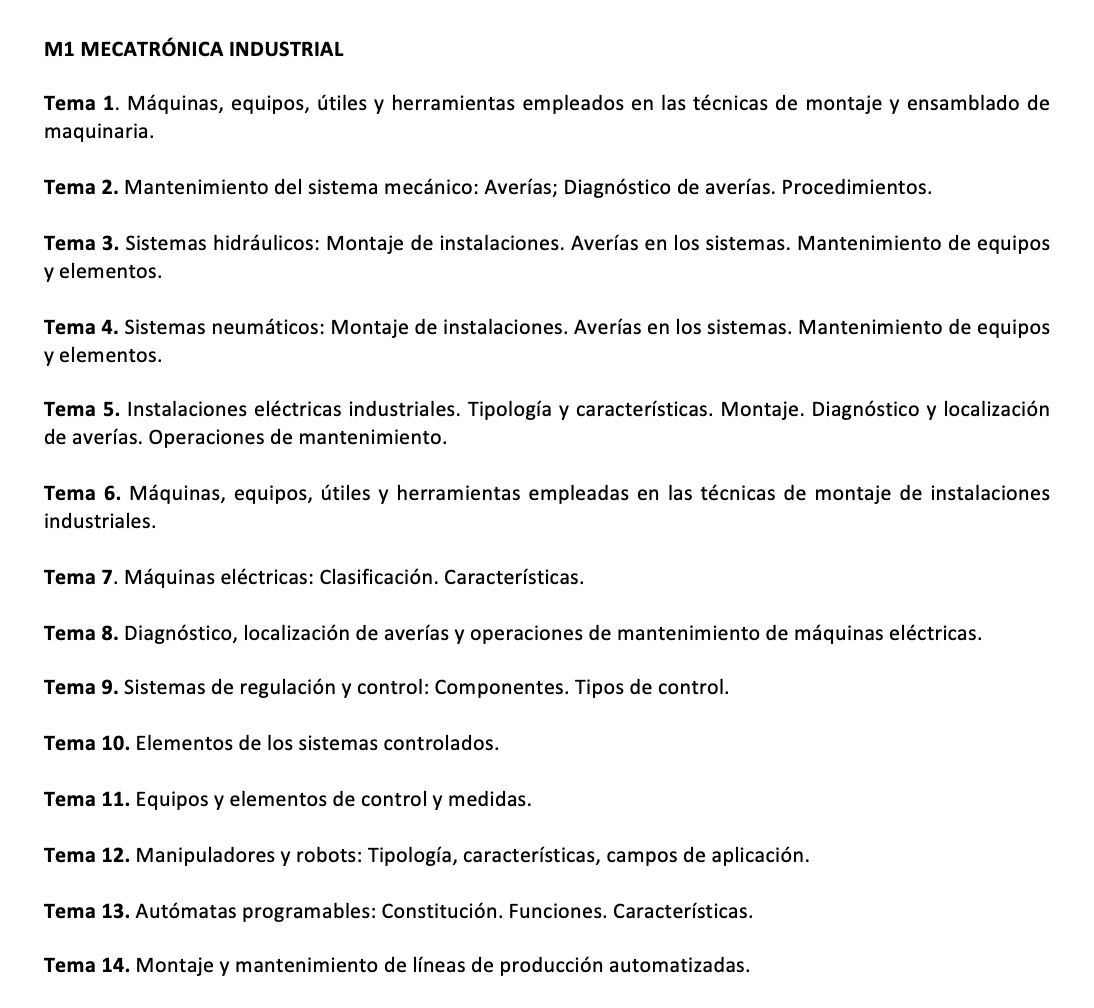 Programa de la Especialidad M1 MECATRÓNICA INDUSTRIAL