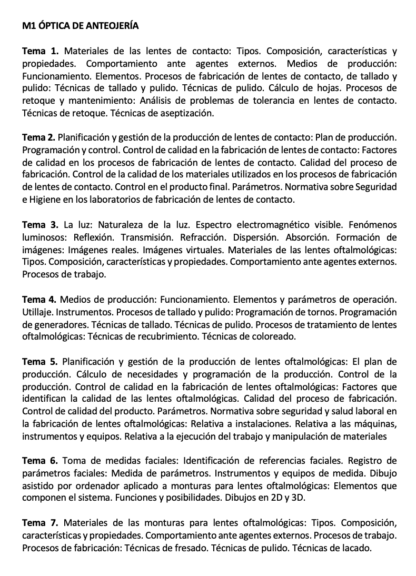 Programa de la Especialidad M1 ÓPTICA DE ANTEOJERÍA (1/2)