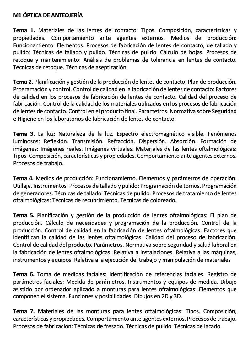 Programa de la Especialidad M1 ÓPTICA DE ANTEOJERÍA (1/2)