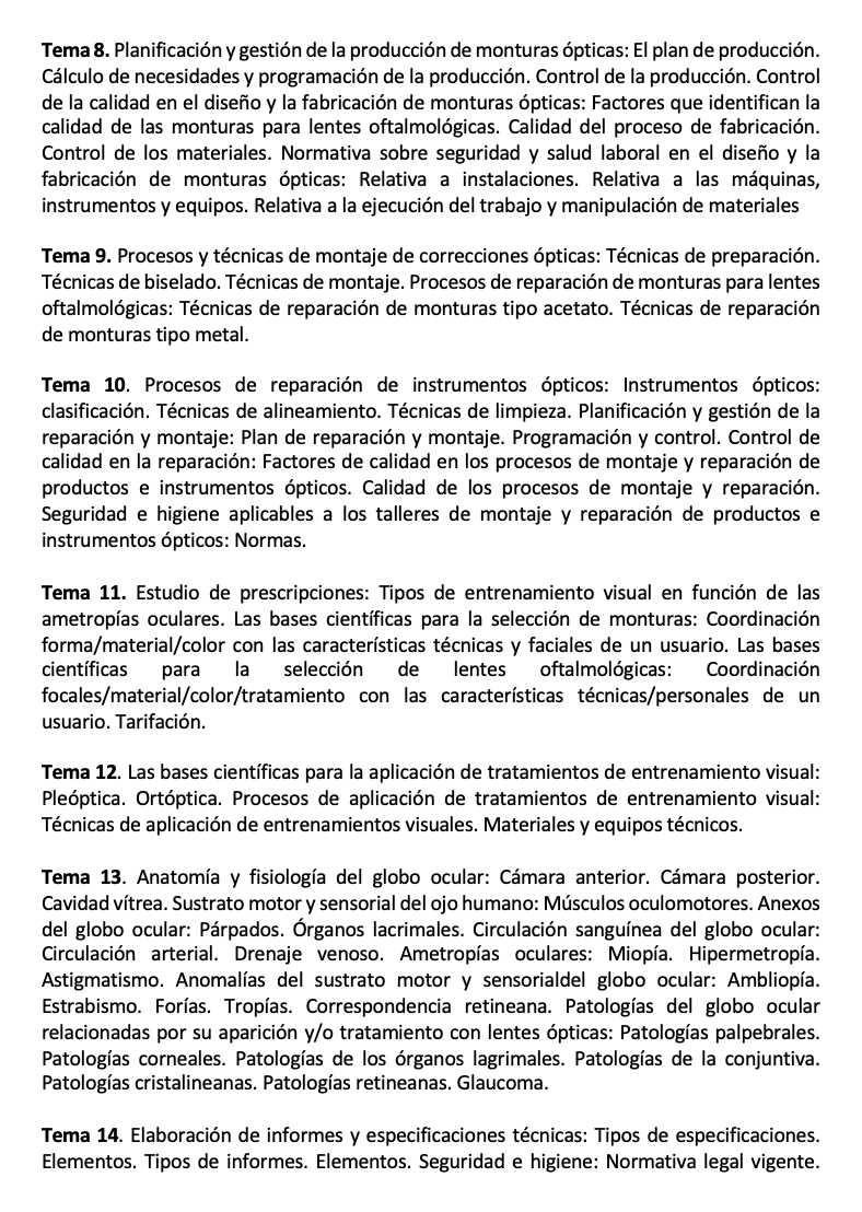 Programa de la Especialidad M1 ÓPTICA DE ANTEOJERÍA (2/2)