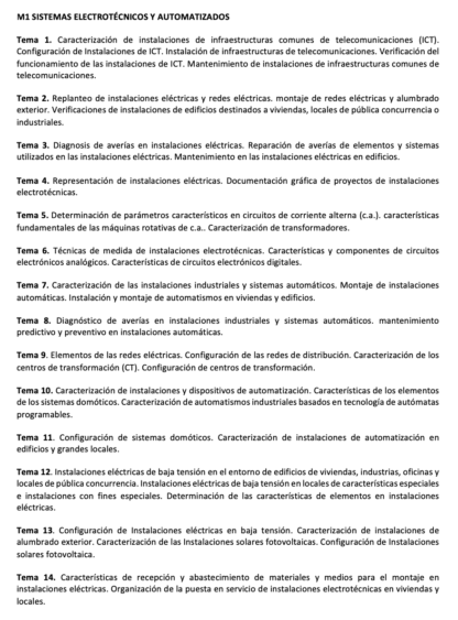 Programa de la Especialidad M1 SISTEMAS ELECTROTÉCNICOS Y AUTOMATIZADOS