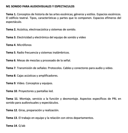 Programa de la Especialidad M1 SONIDO PARA AUDIOVISUALES Y ESPECTÁCULOS