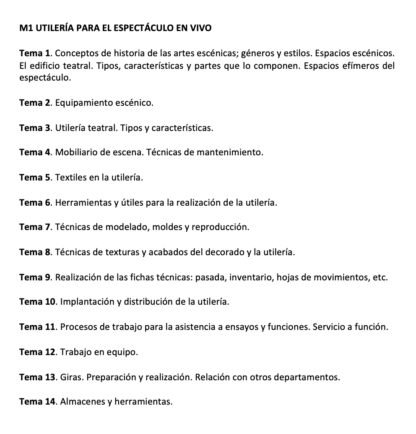 Programa de la Especialidad M1 UTILERÍA PARA EL ESPECTÁCULO EN VIVO