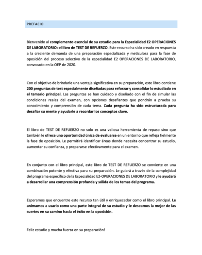 PREFACIO TEST DE REFUERZO Especialidad E2 OPERACIONES DE LABORATORIO