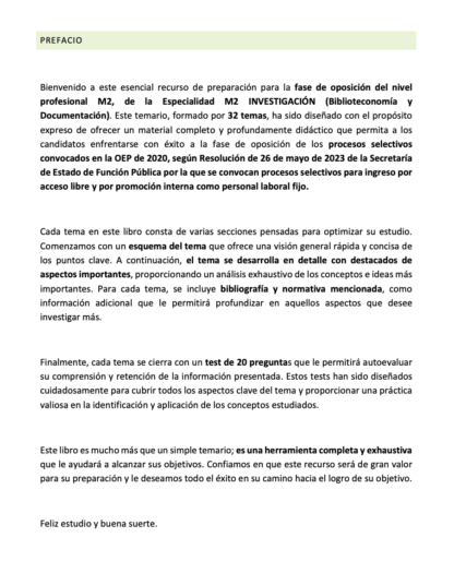 Prefacio del temario Especialidad M2 INVESTIGACIÓN (Biblioteconomía y Documentación)