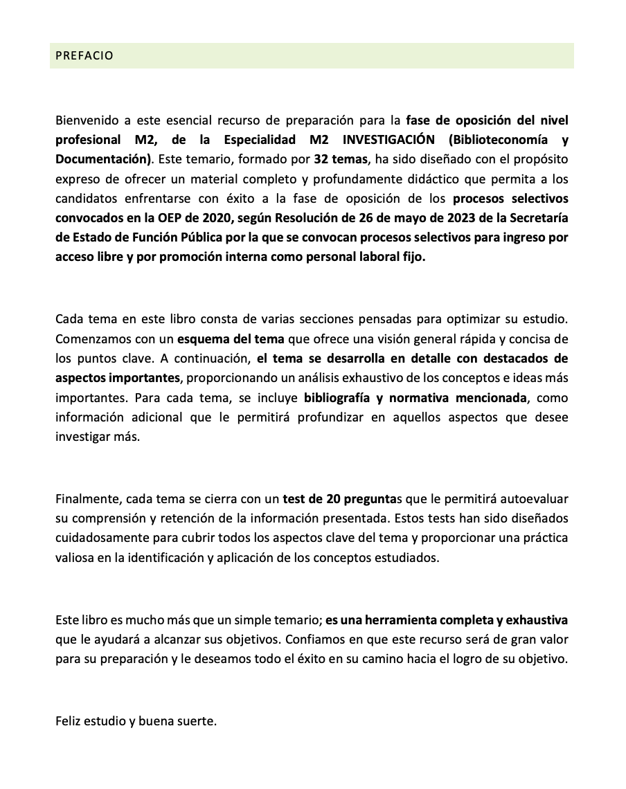Prefacio del temario Especialidad M2 INVESTIGACIÓN (Biblioteconomía y Documentación)