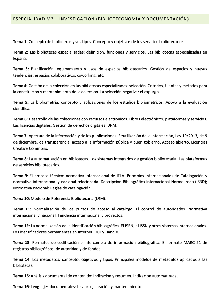 Programa de la Especialidad M2 INVESTIGACIÓN (Biblioteconomía y Documentación) (1/2)