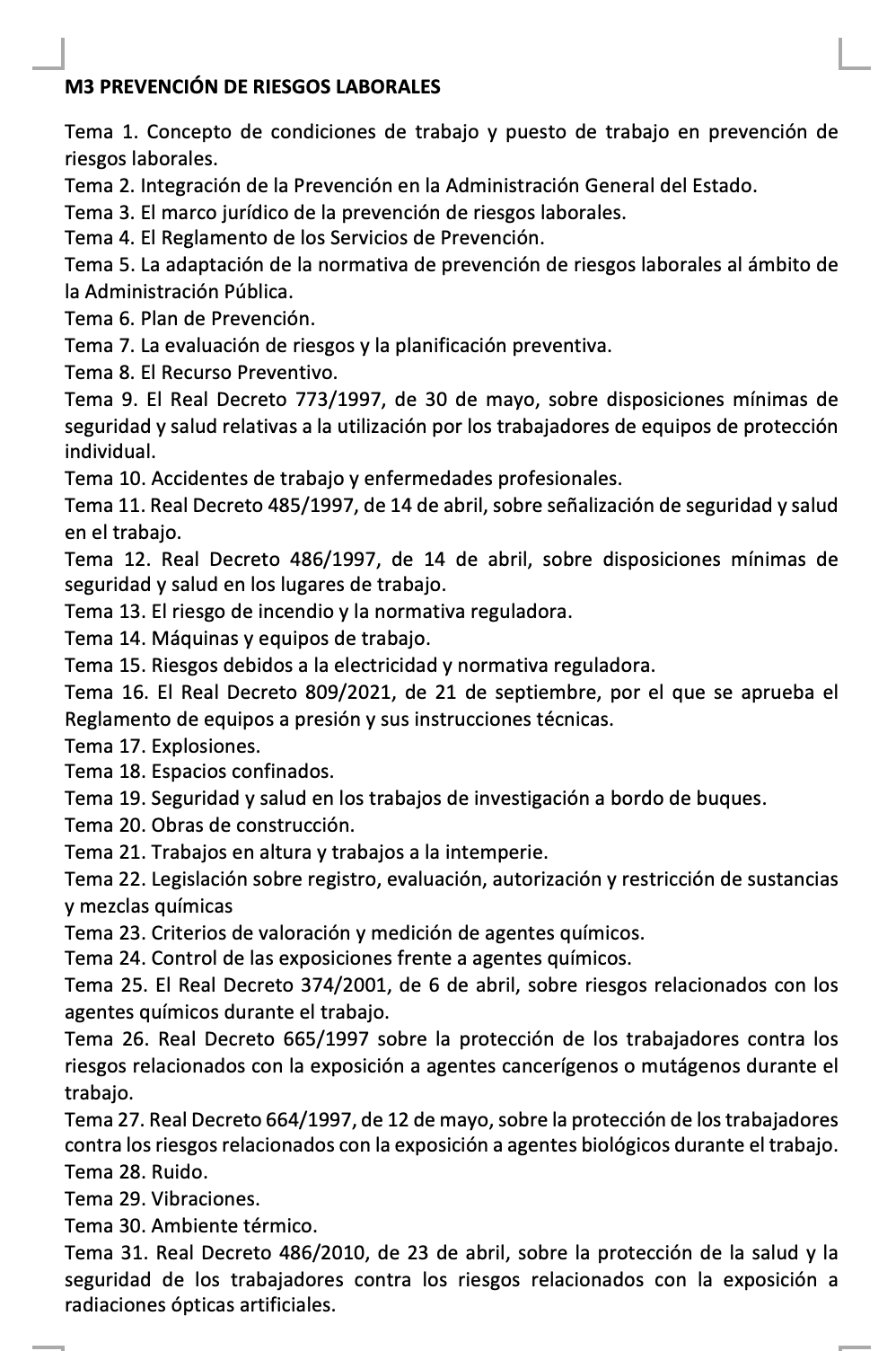 Programa de la Especialidad M3 PREVENCIÓN DE RIESGOS LABORALES (1/2)