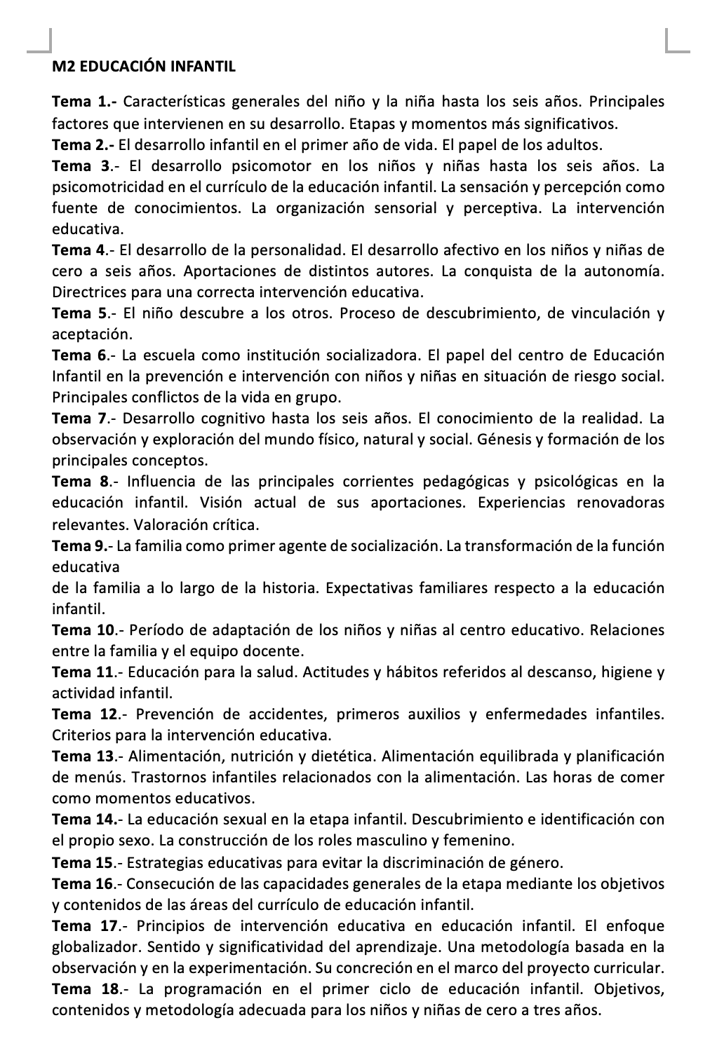 Programa de la Especialidad M2 EDUCACIÓN INFANTIL (1/2)