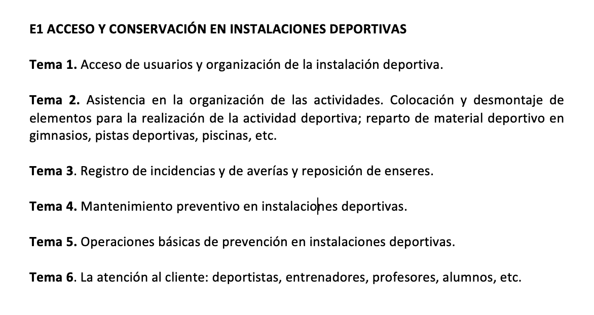Programa de la Especialidad E1 ACCESO Y CONSERVACIÓN EN INSTALACIONES DEPORTIVAS