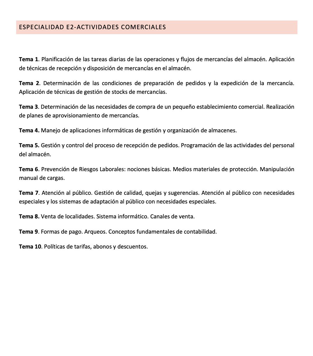 Programa de la Especialidad E2 ACTIVIDADES COMERCIALES