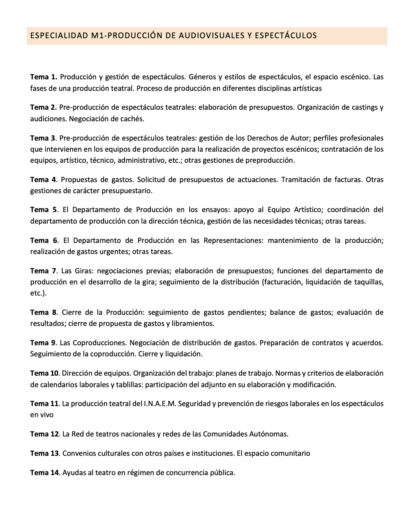 Programa de la Especialidad M1 PRODUCCIÓN DE AUDIOVISUALES Y ESPECTÁCULOS