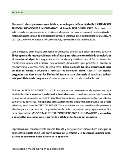 Prefacio del TEST DE REFUERZO Especialidad M1 SISTEMAS DE TELECOMUNICACIONES E INFORMÁTICOS