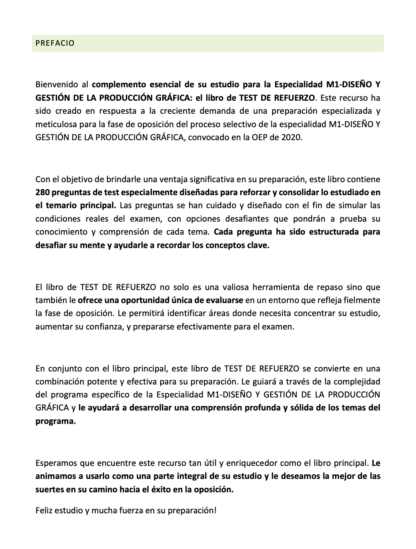 Prefacio del TEST DE REFUERZO Especialidad M1 DISEÑO Y GESTIÓN DE LA PRODUCCIÓN GRÁFICA