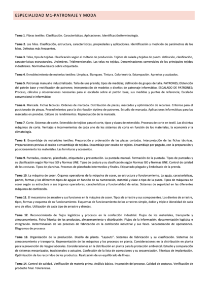 Programa de la Especialidad M1 PATRONAJE Y MODA