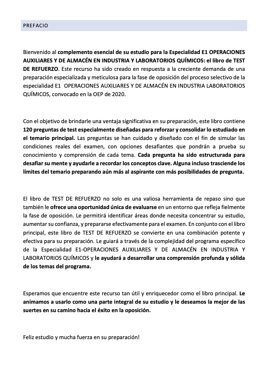 Prefacio del TEST DE REFUERZO Especialidad E1 OPERACIONES AUXILIARES Y DE ALMACÉN EN INDUSTRIA Y LABORATORIOS QUÍMICOS