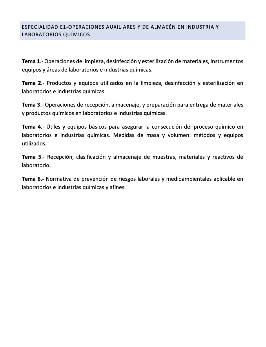 Programa de la Especialidad E1 OPERACIONES AUXILIARES Y DE ALMACÉN EN INDUSTRIA Y LABORATORIOS QUÍMICOS