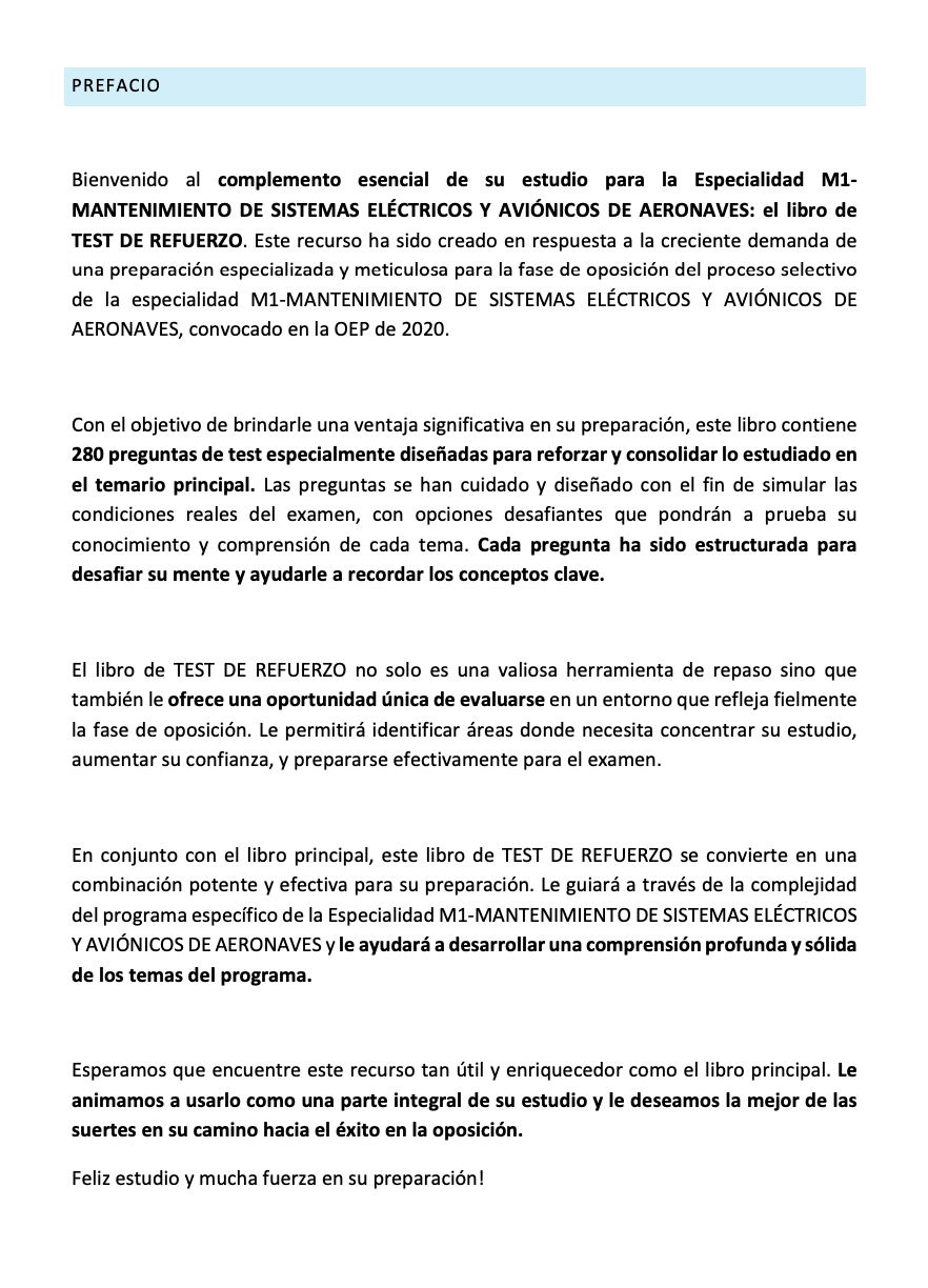 Prefacio del TEST DE REFUERZO Especialidad M1 MANTENIMIENTO DE SISTEMAS ELÉCTRICOS Y AVIÓNICOS DE AERONAVES