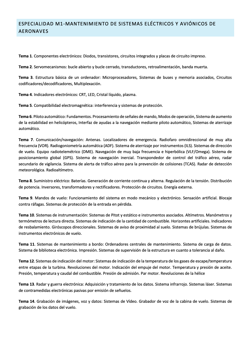 Programa de la Especialidad M1 MANTENIMIENTO DE SISTEMAS ELÉCTRICOS Y AVIÓNICOS DE AERONAVES